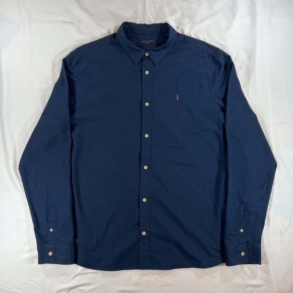 AllSaints Azur Button Down Shirt Mens 2XL Navy Blue Cotton Long Sleeve Casual